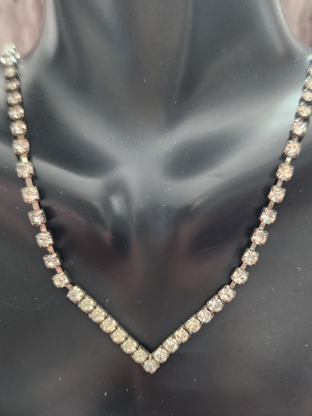 Vintage Clear Crystal V-Front Necklace - Silver-Tone